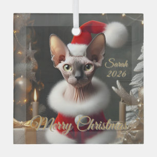 Custom Sphynx Cat Photo Christmas 2026 Glass Tree Decoration