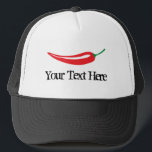 Custom spicy hot red chilli pepper trucker hat<br><div class="desc">Custom spicy hot red chilli pepper trucker hat. Spicy food design with vintage typography template. Add your own name,  monogram or funny quote / saying. Cute gift idea for men and women. Black and white cap.</div>