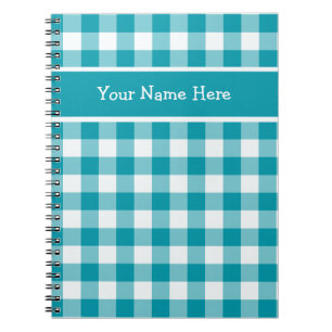 Custom Spiral Notebook, Teal Check Gingham Pattern Notebook