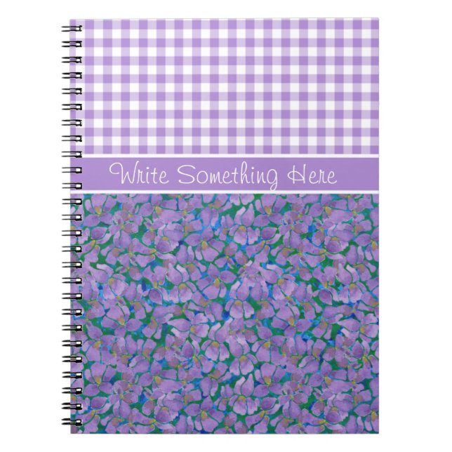 Custom Spiral Notebook, Violets and Check Gingham Notebook (Front)