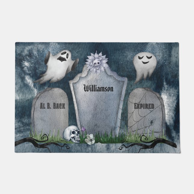 Custom Spooky Creepy Ghost Tombstone Halloween  Doormat (Front)