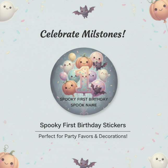 Custom Spooky Cute 1st Birthday Party Favours  Classic Round Sticker (Creator Uploaded)