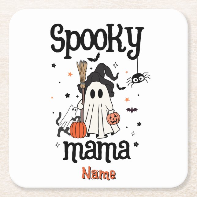 Custom Spooky Mama Halloween – Ghost, Cat, Pumpkin Square Paper Coaster (Front)