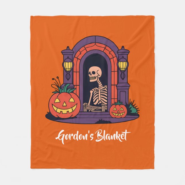 Custom Spooky Pumpkin Creepy Skeleton Halloween Fleece Blanket (Front)