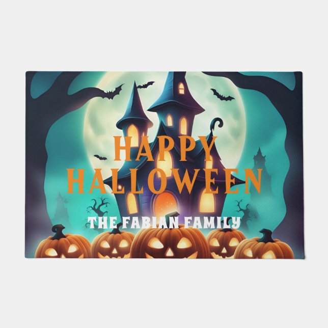Custom spooky pumpkins scary house happy halloween doormat (Front)