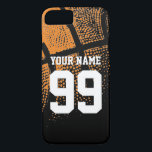 Custom sports basketball jersey number iPhone case<br><div class="desc">Custom sports basketball jersey number iPhone case. Personalised iPhone cover with atheltic orange basketball design. Customisable background colour behind vintage photo. Personalizable with high school team name, monogram, funny quote, slogan etc. Cute birthday gift idea for sporty boys and girls. Make one for dad, mum, coach, girlfriend, boyfriend, teammates etc....</div>