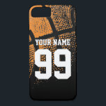 Custom sports basketball jersey number iPhone case<br><div class="desc">Custom sports basketball jersey number iPhone case. Personalised iPhone cover with atheltic orange basketball design. Customisable background colour behind vintage photo. Personalizable with high school team name, monogram, funny quote, slogan etc. Cute birthday gift idea for sporty boys and girls. Make one for dad, mum, coach, girlfriend, boyfriend, teammates etc....</div>