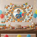 Custom Sports Theme Birthday Photo Banner<br><div class="desc">Welcome guests to an energetic and fun celebration with this custom kids’ birthday welcome sign featuring a playful pattern of sports balls and a bold orange frame. The design includes a personalized photo, child’s name, age, and birthday message, making it a special and memorable part of the party décor. Perfect...</div>
