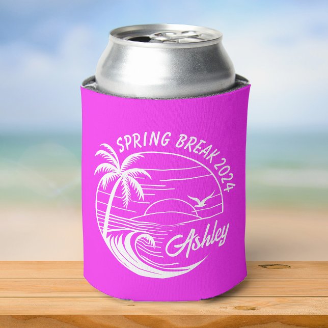 Custom Spring Break Girls Trip Cute Beach Pink Can Cooler (A pink can cooler featuring "Spring Break 2024" and "Ashley," with a palm tree and wave design)