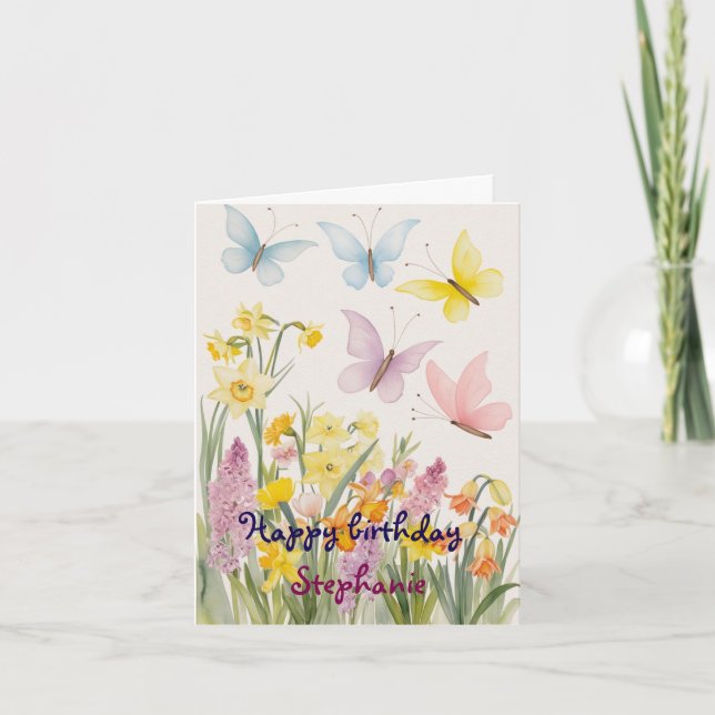 Custom Spring Flowers and Butterfly  Birthday  Card (Front)