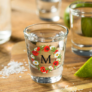 Custom Spring Poppies Daisies Monogram Wreath Shot Glass