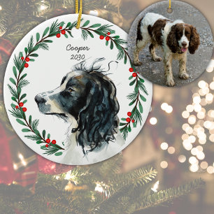 Custom Springer Spaniel Dog Photo Christmas Wreath Ceramic Tree Decoration