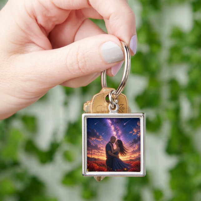 Custom Square Photo Keychain - Romantic Couples La (Hand)