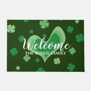 Custom St Patricks Day door mat with lucky clovers