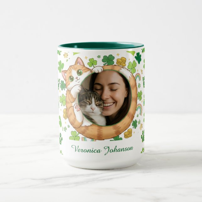Custom St. Patrick's Day Lucky Cat Photo Mug  (Center)