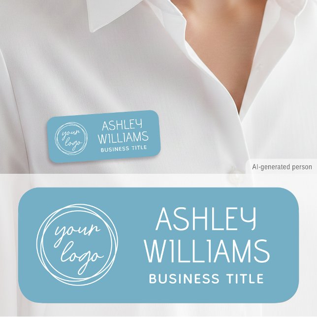 Custom Staff Name Badge with Logo Modern Blue (Creator Uploaded)