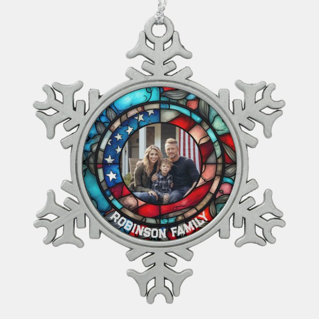 Custom Stained Glass Design USA Flag Patriotic Snowflake Pewter Christmas Ornament (Front)