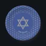 Custom STAR OF DAVID Paper Plate<br><div class="desc">Custom STAR OF DAVID Paper Plates. Elegant mid blue STAR OF DAVID Paper Plates, showing with faux silver Magen David in a tiled pattern. At the centre, there is an image of a larger Star of David, which is CUSTOMIZABLE, so you can upload your own image. Underneath, the text reads...</div>