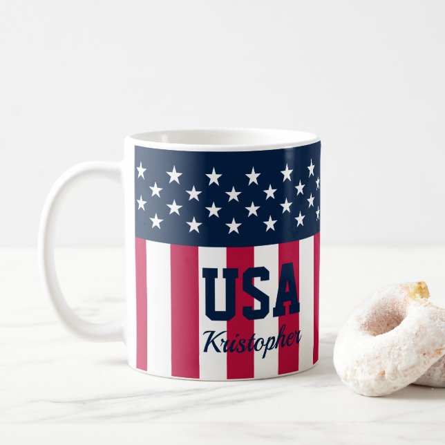 Custom Stars n Stripes Red White Blue Coffee Mug (With Donut)