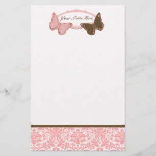 Custom Stationery Damask Pink & Brown Butterflies