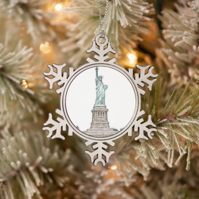Custom Statue of Liberty New York City Christmas Snowflake Pewter Christmas Ornament (Tree)