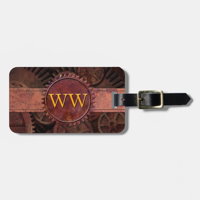 Custom Steampunk Gears Leather Luxury Monogram Luggage Tag (Front Horizontal)