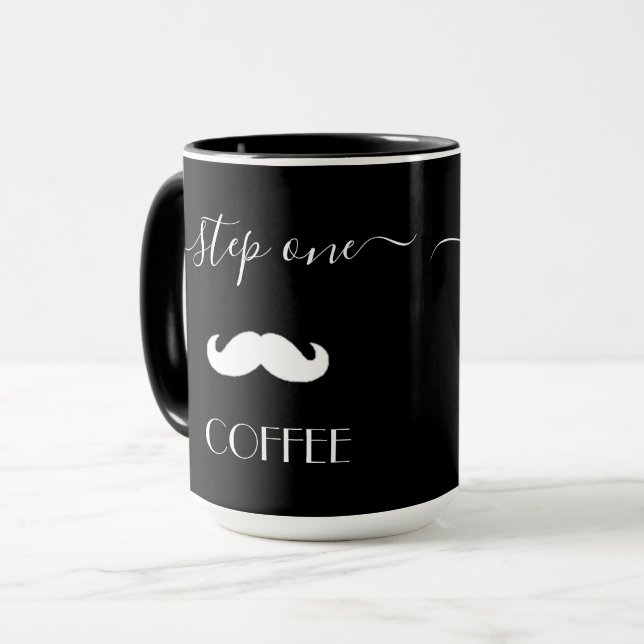 Custom Step One COFFEE Moustache Funny Men Ceramic Mug (Front Left)