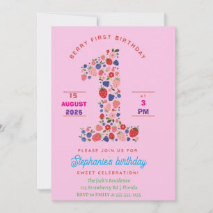 Custom Strawberry 1st Birthday Party Berry First  Invitation