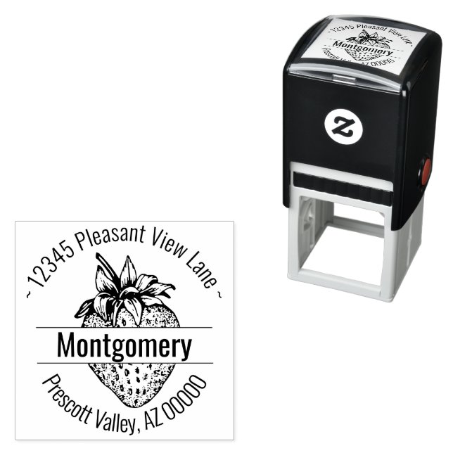 Custom Strawberry Artwork Circular Address Name Self-inking Stamp (In Situ)