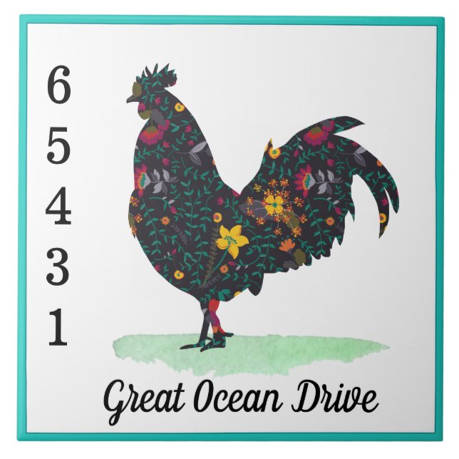Custom street name house number floral hen tile (Front)