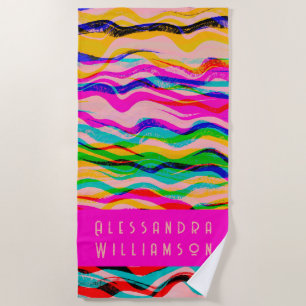 Custom Striped Grunge Waves Colourful Abstract Cut Beach Towel