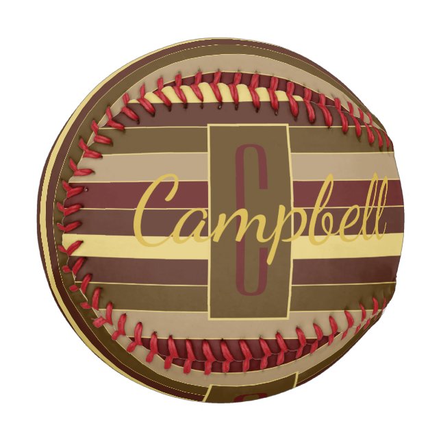 CUSTOM STRIPED MONOGRAM PATTERN BROWN GOLD RED BASEBALL (Front Left)