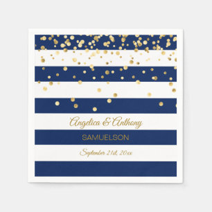 Custom Stripes Navy Blue Gold Wedding Anniversary Napkin