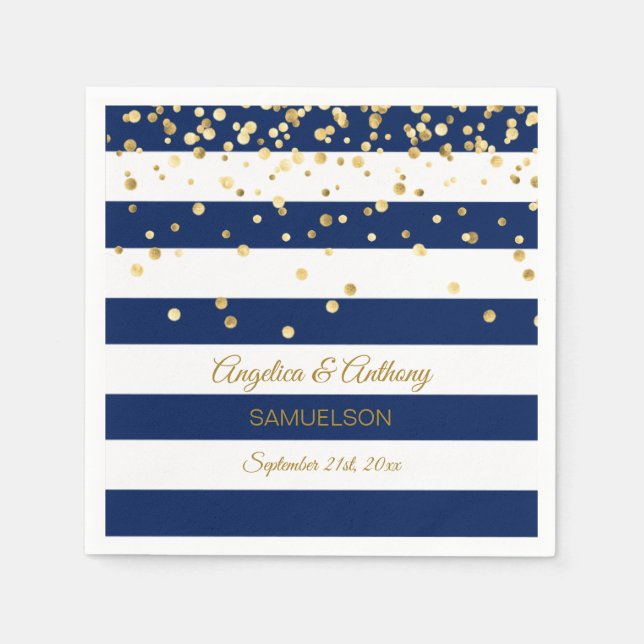 Custom Stripes Navy Blue Gold Wedding Anniversary Napkin (Front)