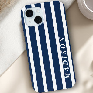 Custom Stripes Navy Blue White iPhone 15 Case