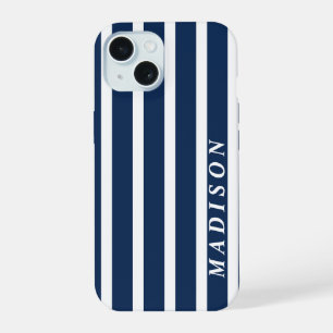 Custom Stripes Navy Blue White iPhone 15 Case