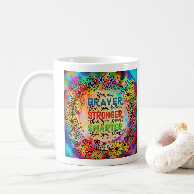 Custom Stronger Colourful Floral Quote Inspirivity Coffee Mug (With Donut)