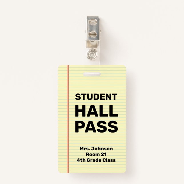 Custom Student Hall Pass ID Badge (Front with Clip)