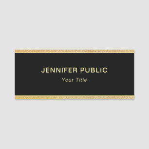 Custom Stylish Black And Gold Glitter Rectangle Name Tag
