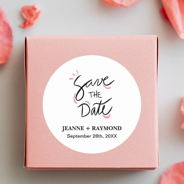 Custom Stylish Calligraphy Save the Date Wedding Classic Round Sticker (Stylish calligraphy save the date sticker adds personalized elegance to wedding invitations.)