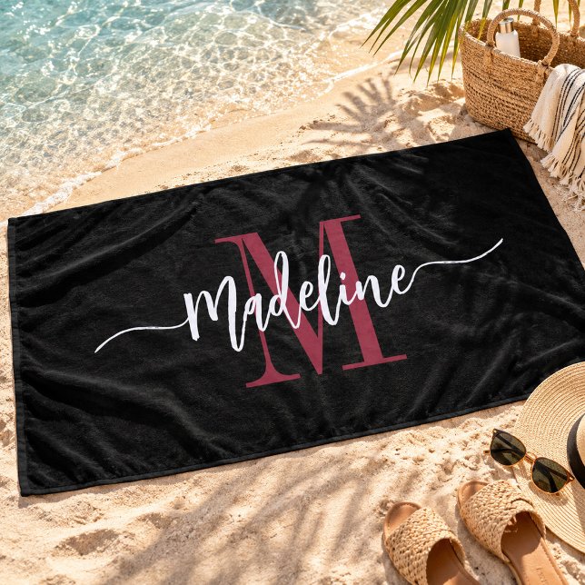 Custom Stylish Monogram Name Script Black Burgundy Beach Towel (Creator Uploaded)