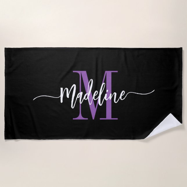 Custom Stylish Monogram Name Script Black Purple Beach Towel (Front)