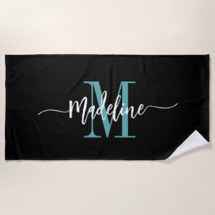 Custom Stylish Monogram Name Script Black Teal Beach Towel
