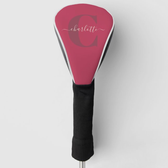 Custom Stylish Monogrammed Name Magenta Red  Golf Head Cover (Front)