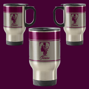 Custom Stylish Pink Name Monogram Letter (T) Travel Mug