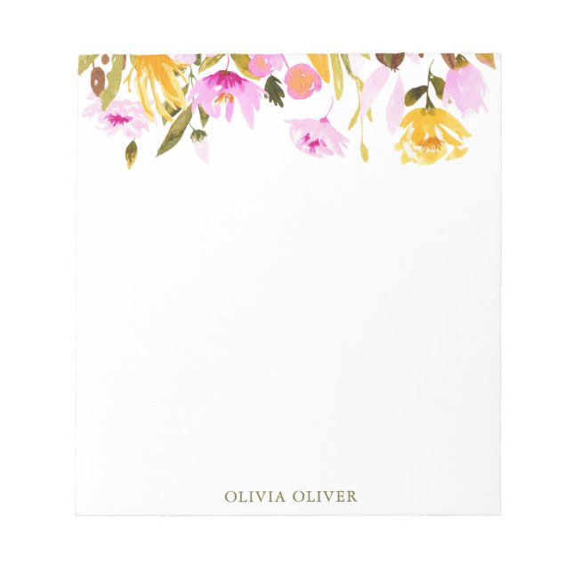 Custom Stylish Pink Watercolor Floral Business Notepad (Front)