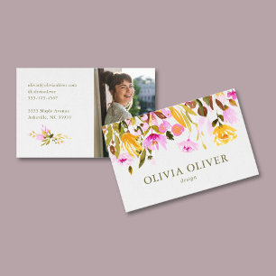 Custom Stylish Pink Watercolor Floral Photo Business Card