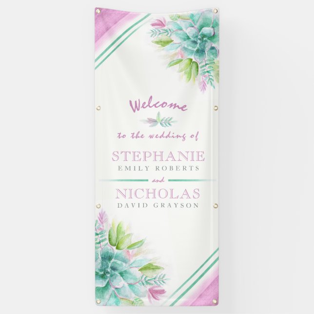 Custom succulent wedding art welcome banner (Vertical)