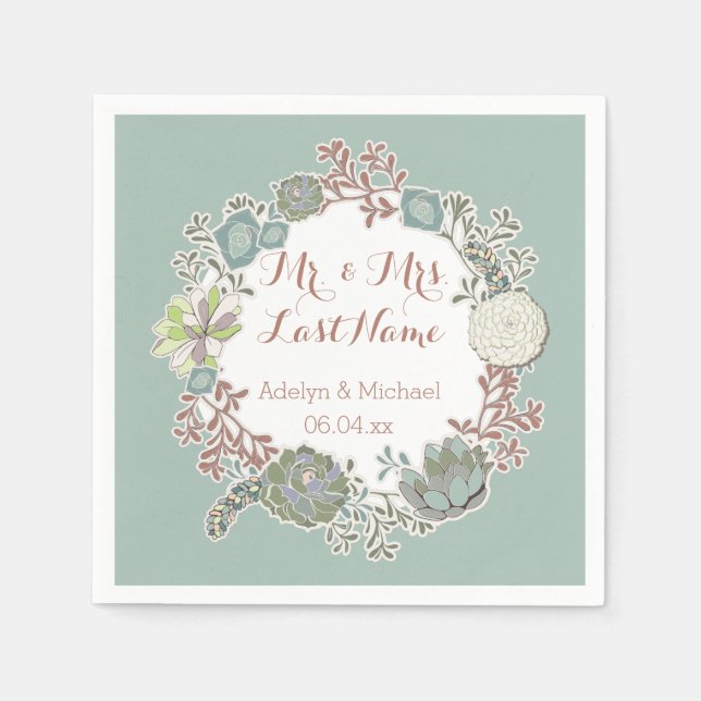 Custom Succulent Wreath Wedding Paper Napkins (Front)