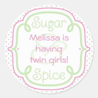 Custom Sugar and Spice Baby Shower Twins Classic Round Sticker